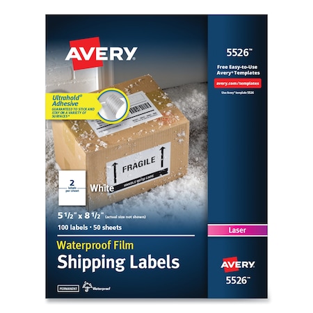 Avery Waterproof Shipping Labels w/TrueBlock, Laser, 5.5x8.5, White, PK100 05526
